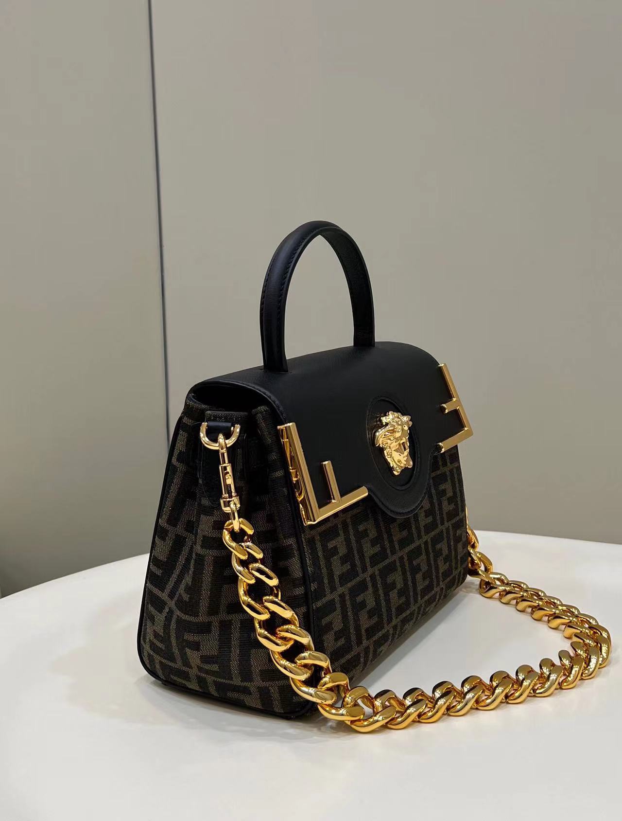 Fend1 Fendace La Medusa Medium Handbag Gold Baroque Print 8.6H 9.9W 5.9D