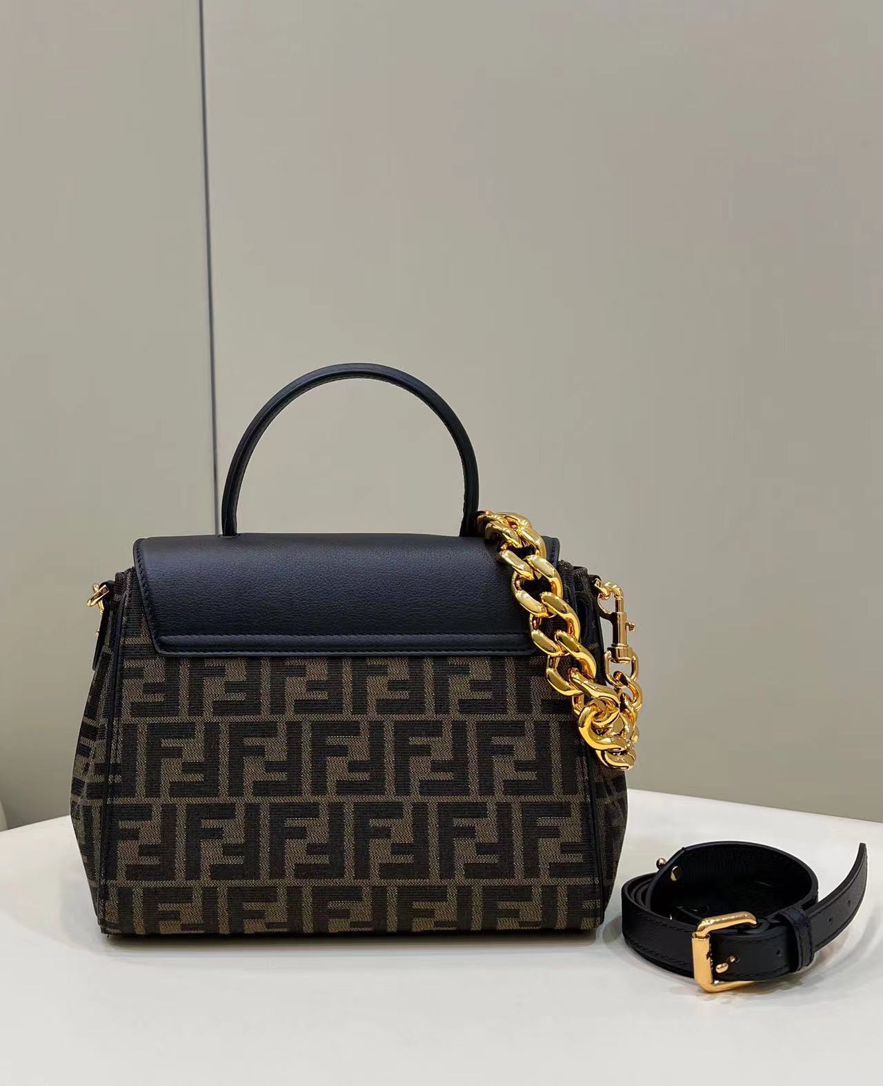 Fend1 Fendace La Medusa Medium Handbag Gold Baroque Print 8.6H 9.9W 5.9D