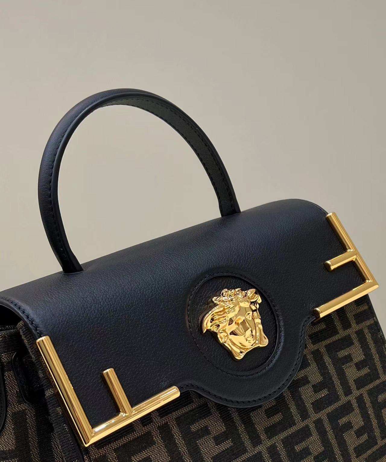 Fend1 Fendace La Medusa Medium Handbag Gold Baroque Print 8.6H 9.9W 5.9D