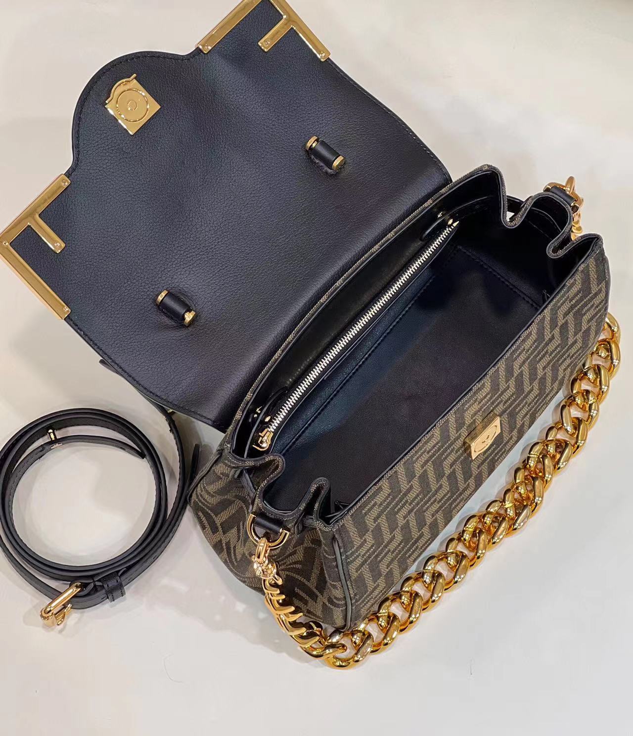 Fend1 Fendace La Medusa Medium Handbag Gold Baroque Print 8.6H 9.9W 5.9D